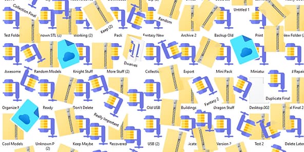 Dozens of near-identical folders and ZIP archives with names like Keep, Random and New Folder (2)