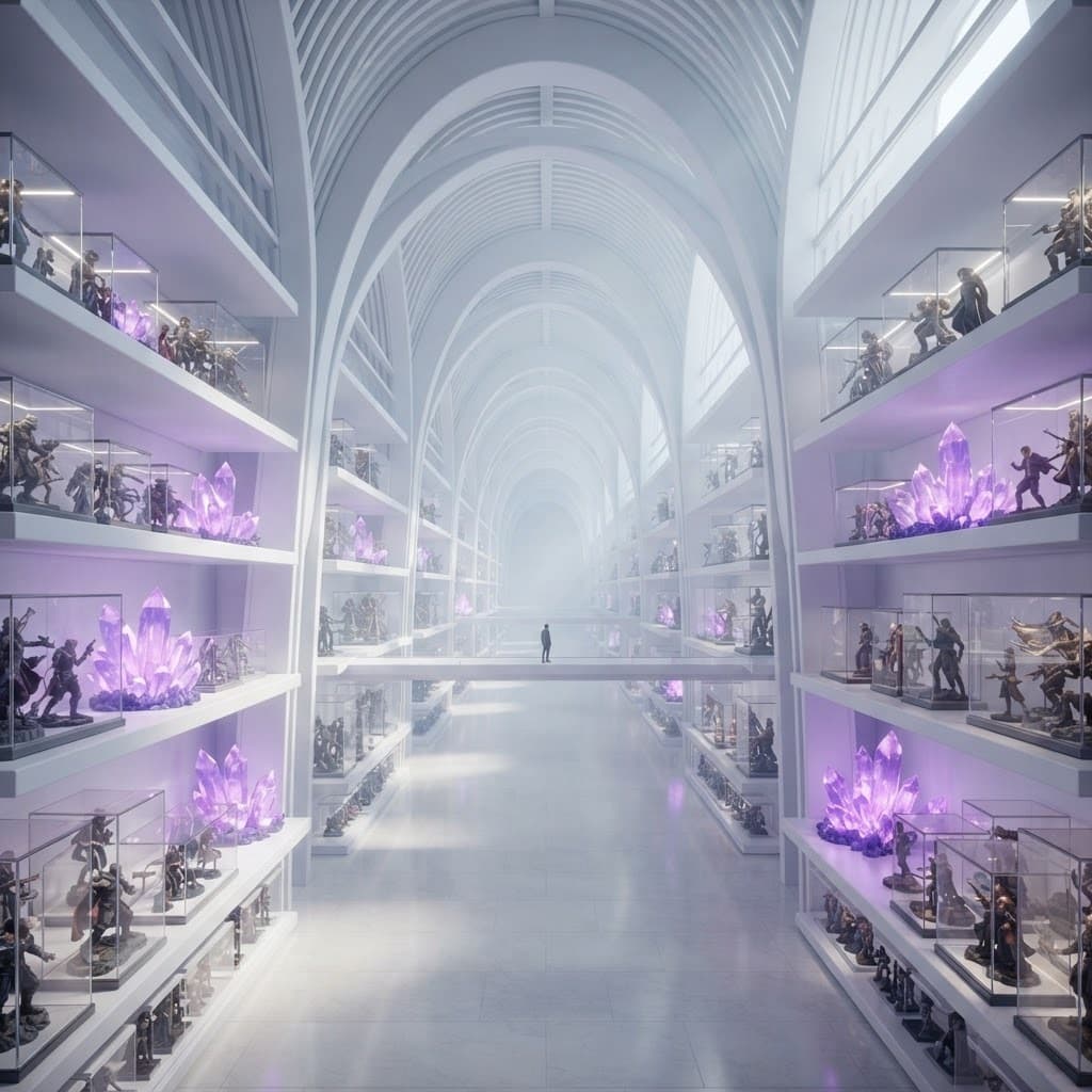 An endless white vaulted hall lined with lit display cases of miniatures
