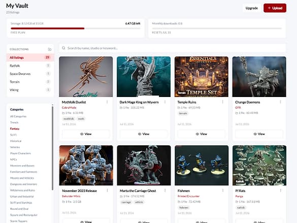 The Vault dashboard, showing a collection of STL listings with storage usage and collections